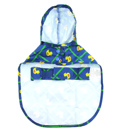 the underside of a blue hooded rain poncho for dogs with yellow ducks on it