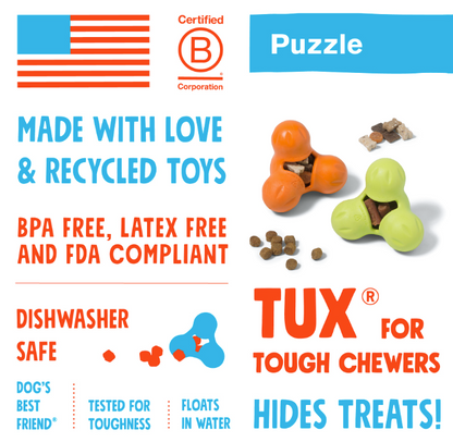 an infographic about how West Paw dog toys are tough and USA made