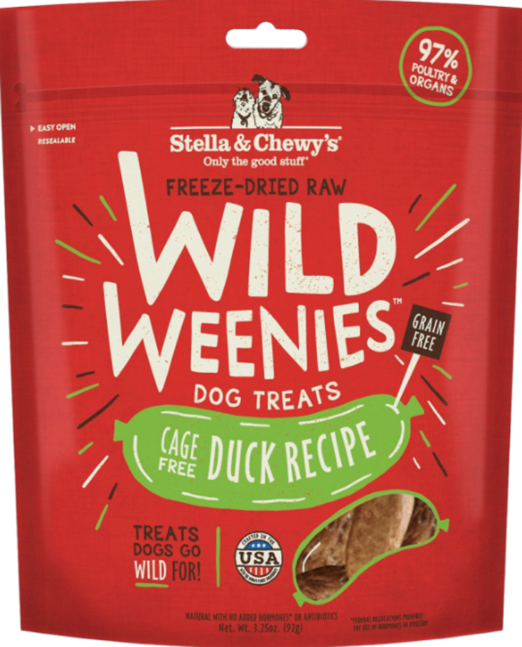 a red and green bag of duck dog treats
