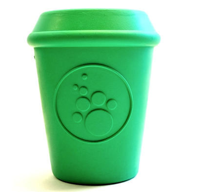 a green rubber coffee cup shaped dog toy