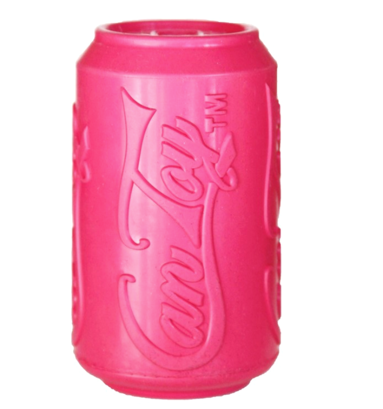 a pink rubber dog toy shaped like a soda can