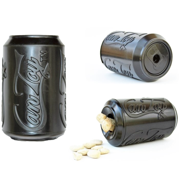a black rubber dog toy shaped like a soda can in three views - standing up, lying on its side and lying on its side with treats inside