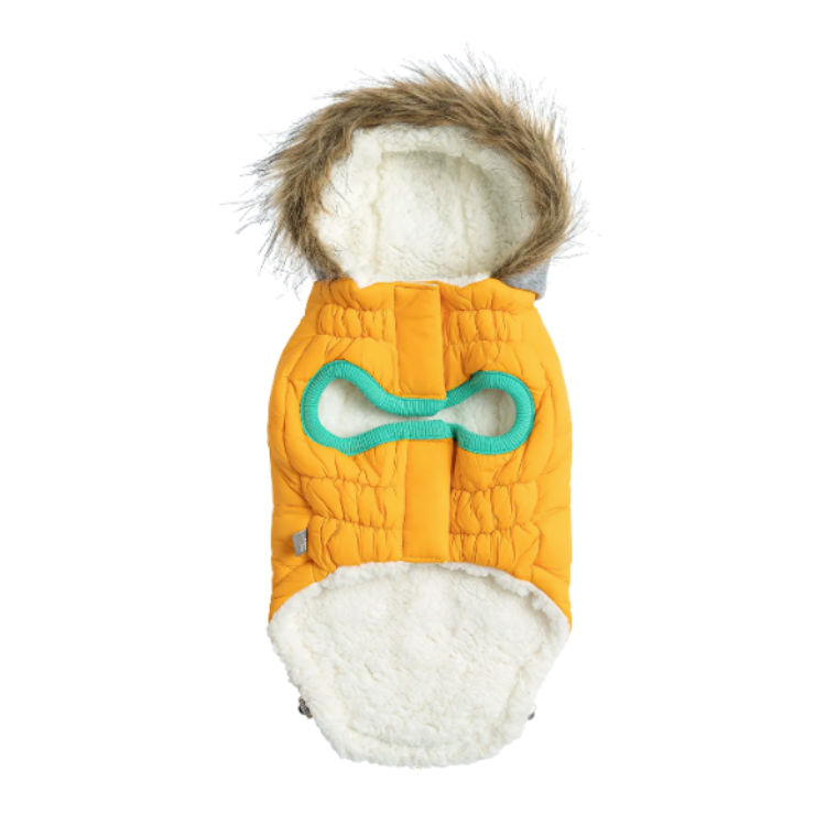 underside of a hooded yellow parka for dogs 