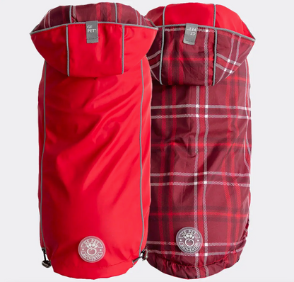 A red dog raincoat that revreses to red and white plaid 