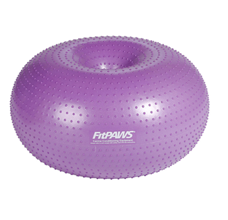 A textured purple inflatable donut-shaped inflatable balance device for dogs 