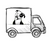 A drawing of a black and white pit bull-type dog in a little box truck