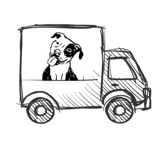 A drawing of a black and white pit bull-type dog in a little box truck