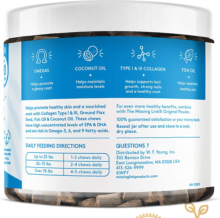 The back of a blue and white jar of collagen care skin & coat soft chews