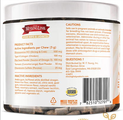 The back of an orange and white jar of Collagen Care hip & joint soft chews for dogs 