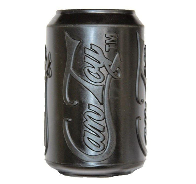 a black rubber dog toy shaped like a soda can