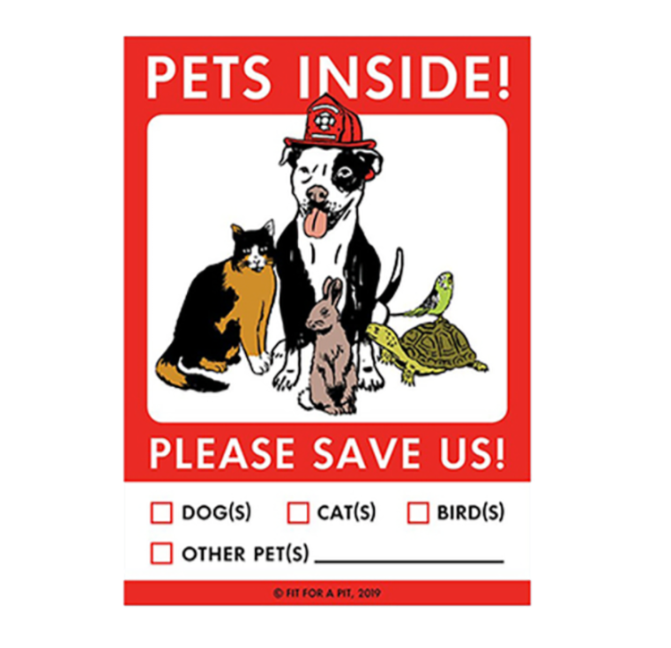 A red and white decal with a white and black pit bull type dog wearing a firefighter hat, surrounded by a green turtle, grey rabbit and a black and orange cat.