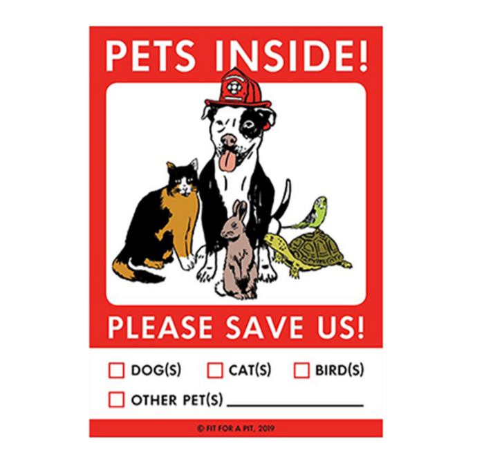 A red and white decal with a white and black pit bull type dog wearing a firefighter hat, surrounded by a green turtle, grey rabbit and a black and orange cat.