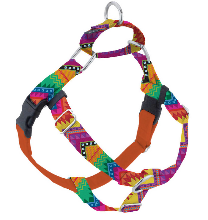 an orange, aqua, magenta and blue multicolored southwestern print dog harness