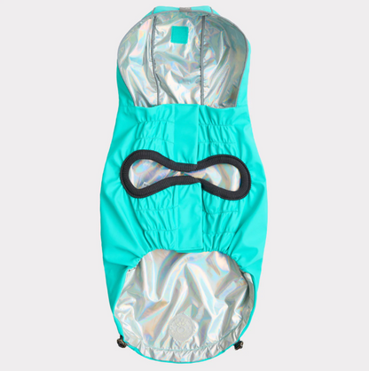 Underside of an aqua and iridescent silver rain jacket for dogs