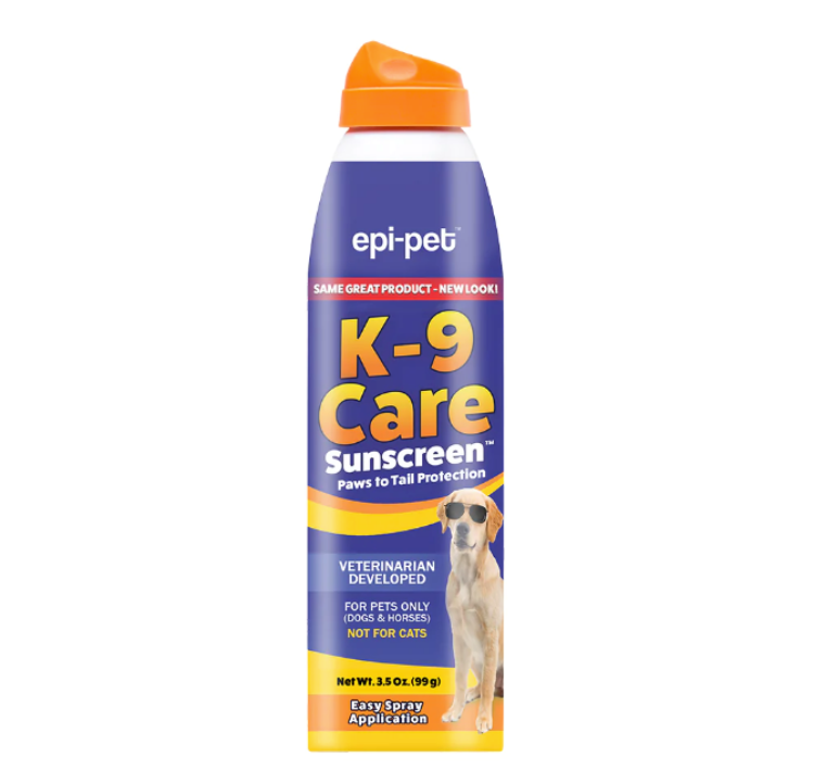An orange and blue spray can of dog sunscreen