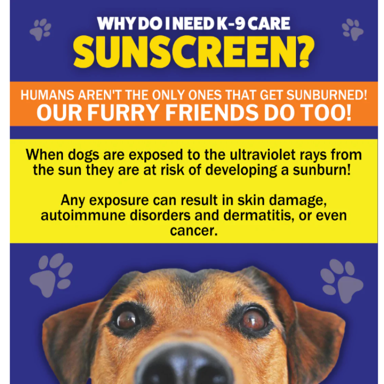 Epi-Pet K-9 Care Sunscreen infographic showing a brown and black dog 