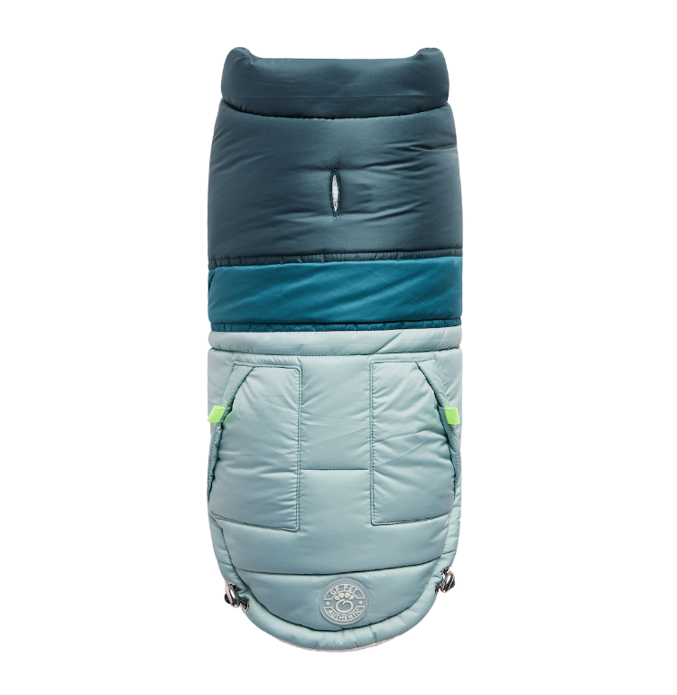 A teal, aqua and evergreen Puffer jacket for dogs