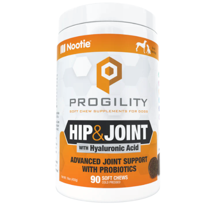 A white and orang jar of Hip & Joint Soft Chewable Supplements for dogs 