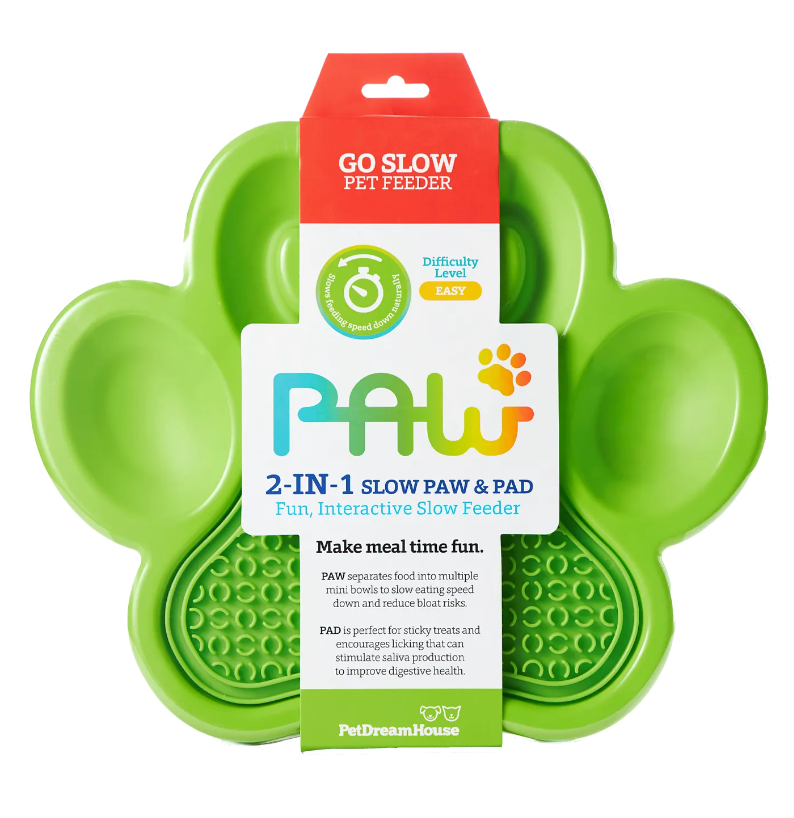 green paw shaped lick mat and slow feeder