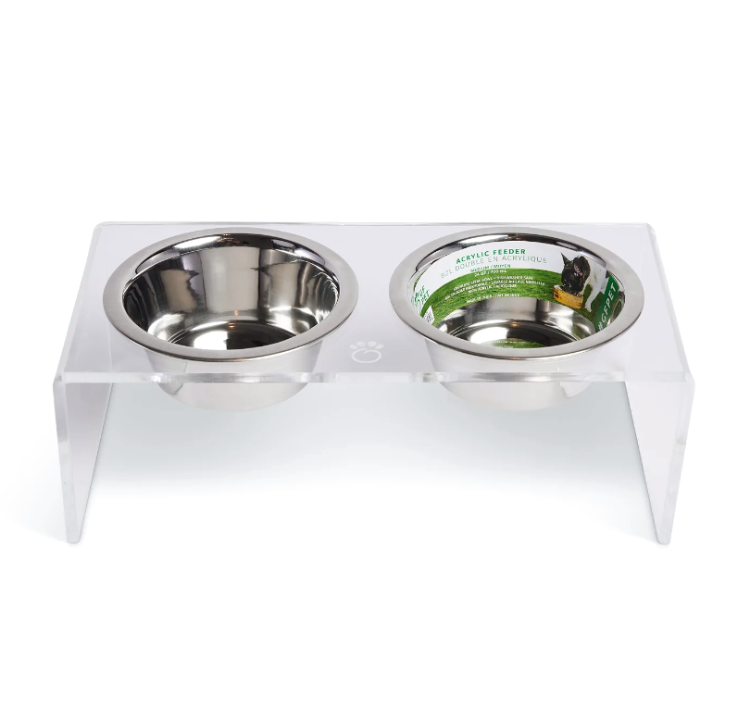 frosted Acrylic Raised dog Feeder with metal bowls