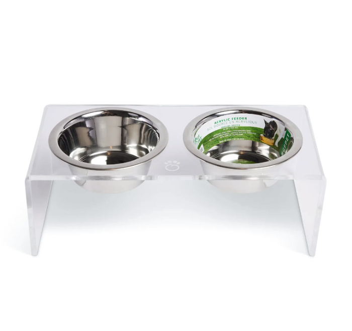 frosted Acrylic Raised dog Feeder with metal bowls