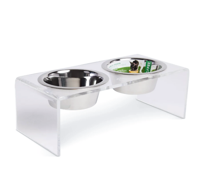 frosted Acrylic Raised dog Feeder with metal bowls