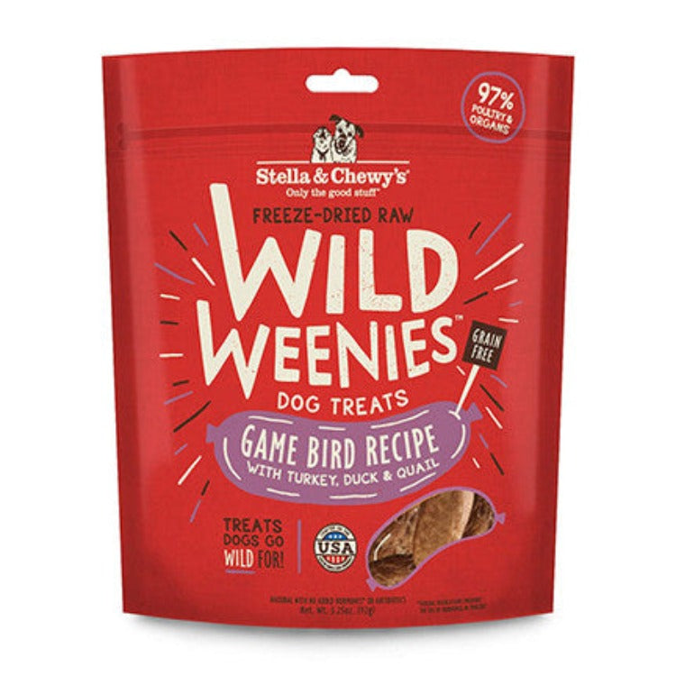 a red and purple bag of game bird dog treats