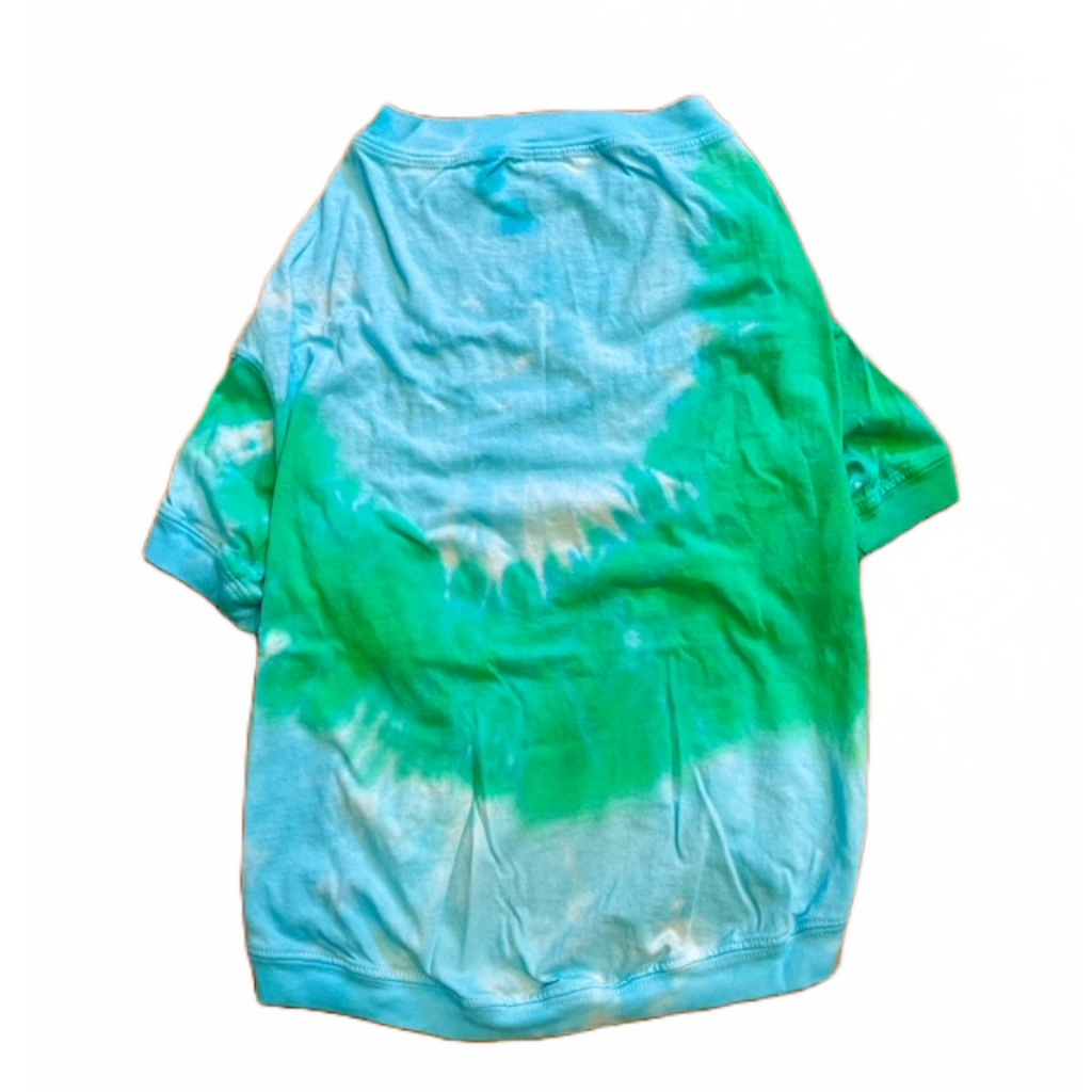 a green and blue tie dyed t-shirt for dogs