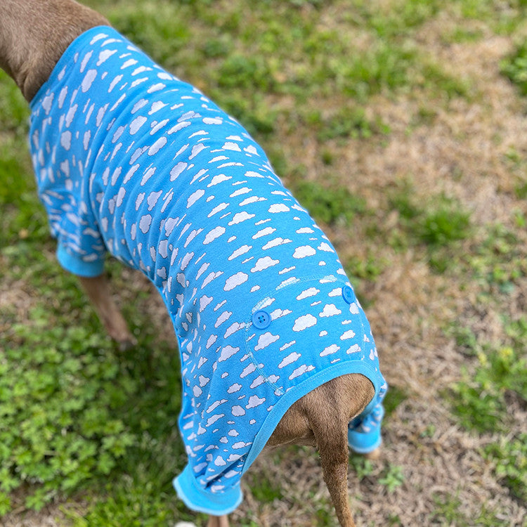 A brown pit bull-type dog wearing blue and white cloud pajamas, standing in the grass