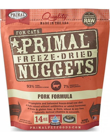 A pink bag of freeze dried pork dog food nuggets