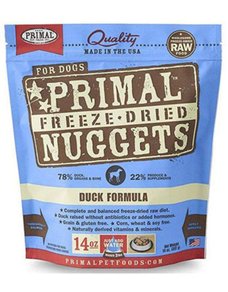 A blue bag of freeze dried duck dog food nuggets
