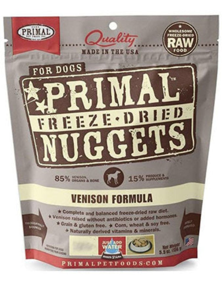 A grey bag of freeze dried venison dog food nuggets