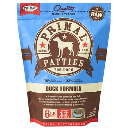 A blue and brown bag of frozen duck dog food patties