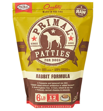 A yellow and brown bag of frozen rabbit dog food patties