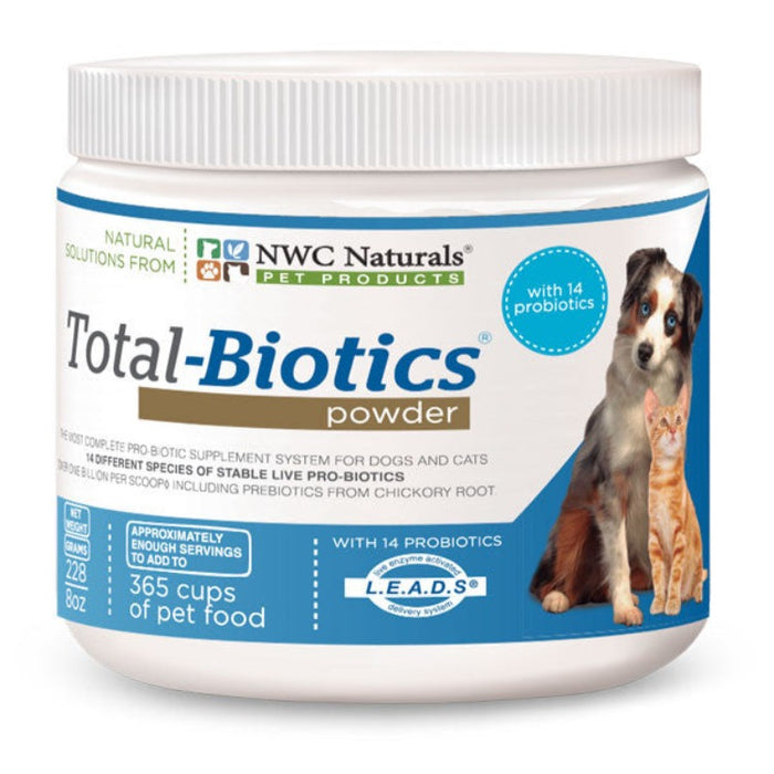 a blue and white jar of probiotic powder for dogs
