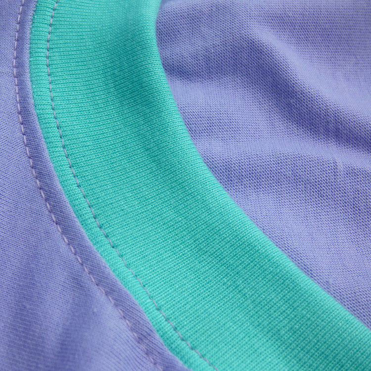 closeup of the collar of a purple and aqua t-shirt for dogs