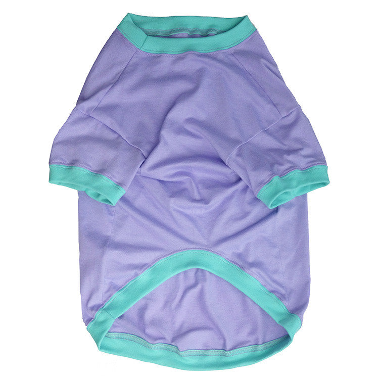 underside of a purple and aqua t-shirt for dogs