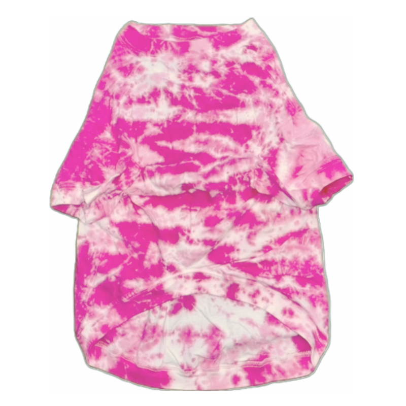 underside of a pink and white tie dyed t-shirt for dogs